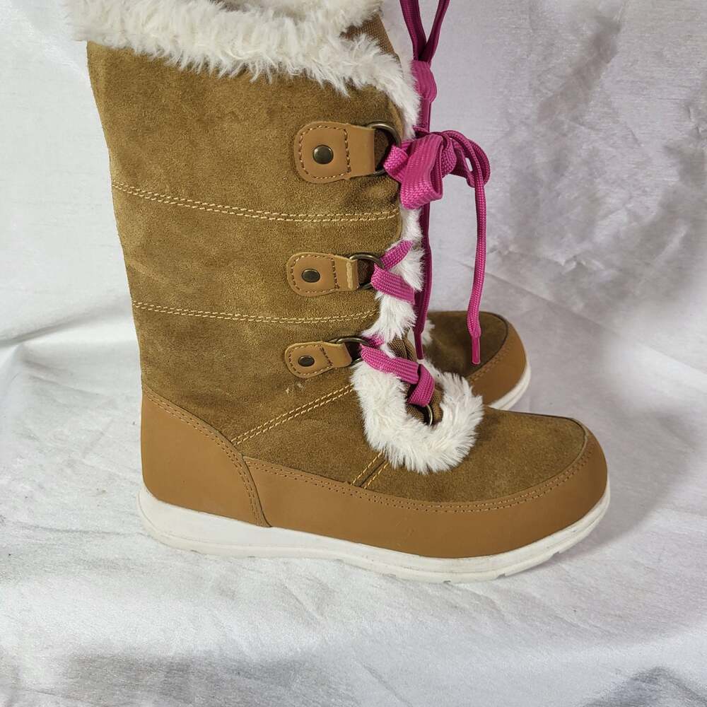 DSG Girls Tan Faux Fur Winter Boots with Pink Laces Size 3